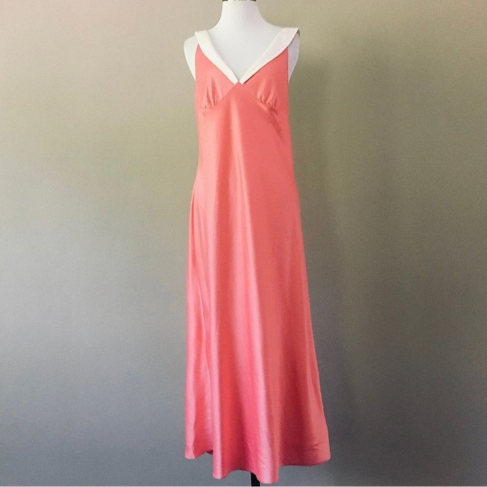 Vintage Dress I. Magnin Coral & White Satin Maxi Size Medium